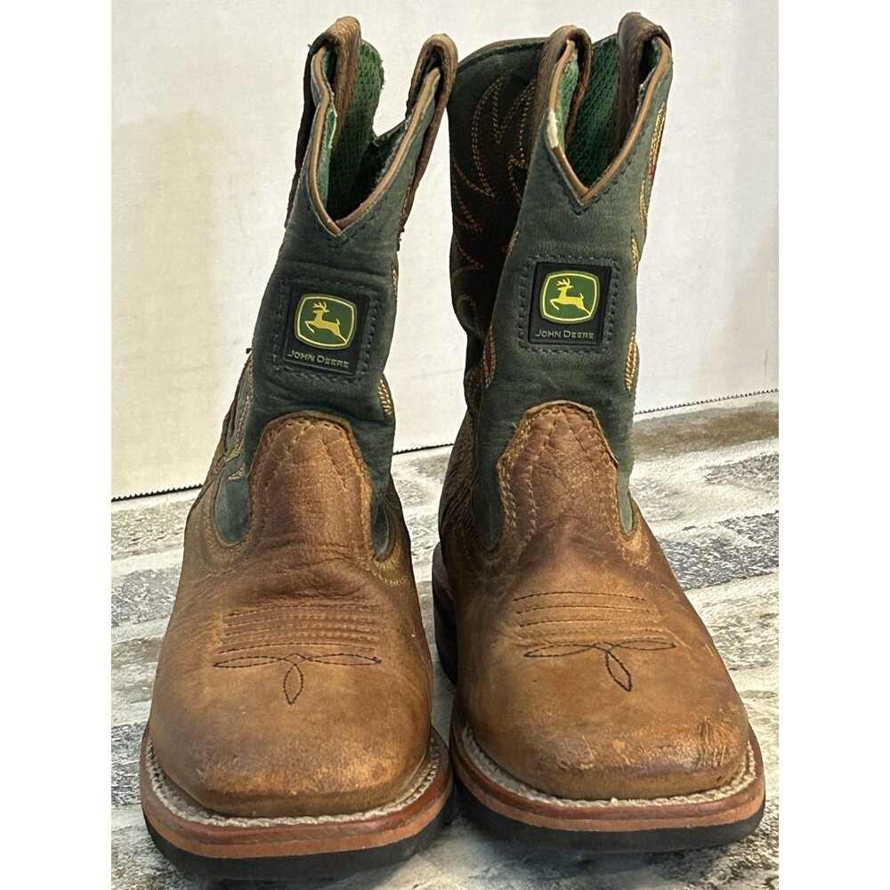 John Deere Dan Post Boot Co Brown Green Leather Cowboy Boots JD2316 Boys 12M